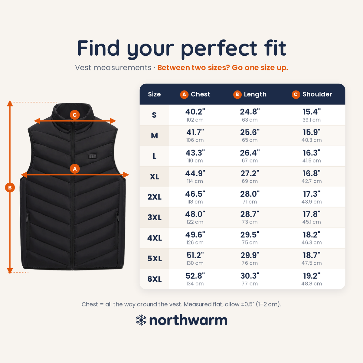 Northwarm heated vest size chart, S to 6XL, in inches and cm