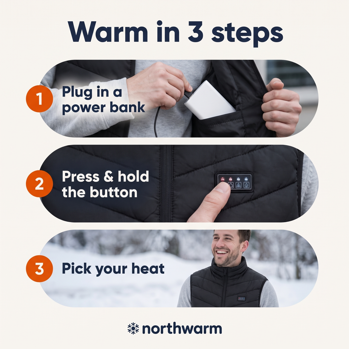 How to use the Northwarm heated vest in 3 steps