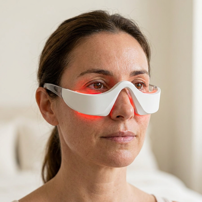 Mujer con las gafas de luz roja puestas bajo los ojos