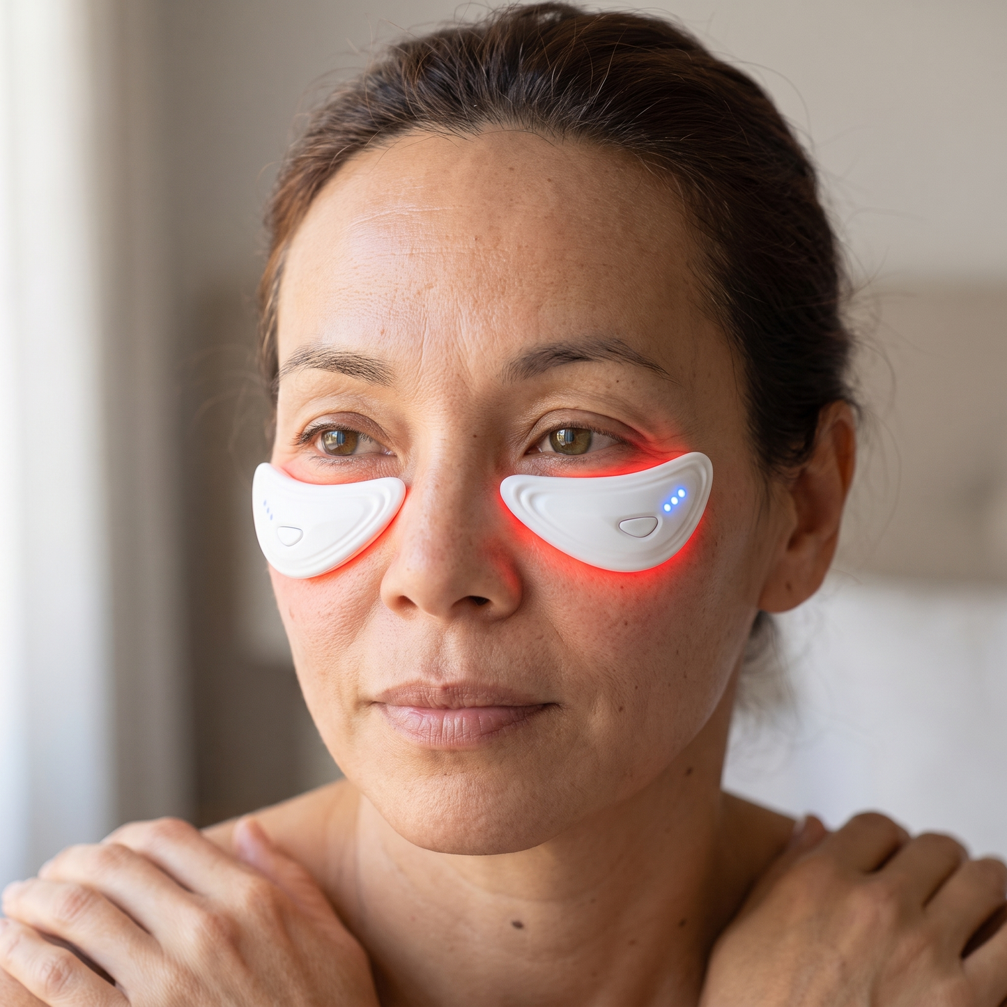 Mujer con los dos parches de luz roja puestos bajo los ojos