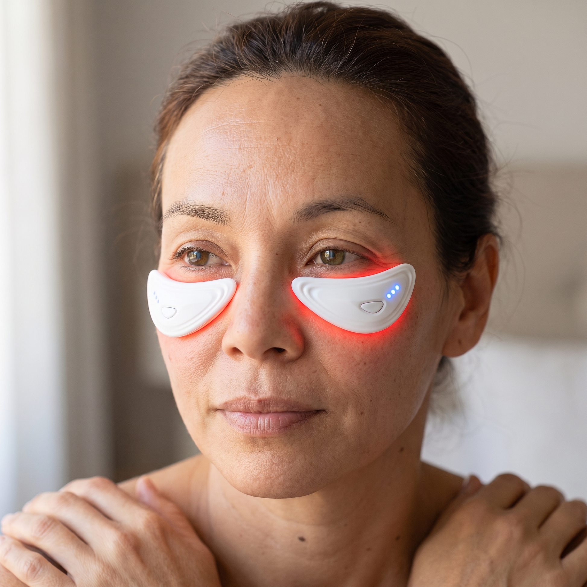 Mujer con los dos parches de luz roja puestos bajo los ojos