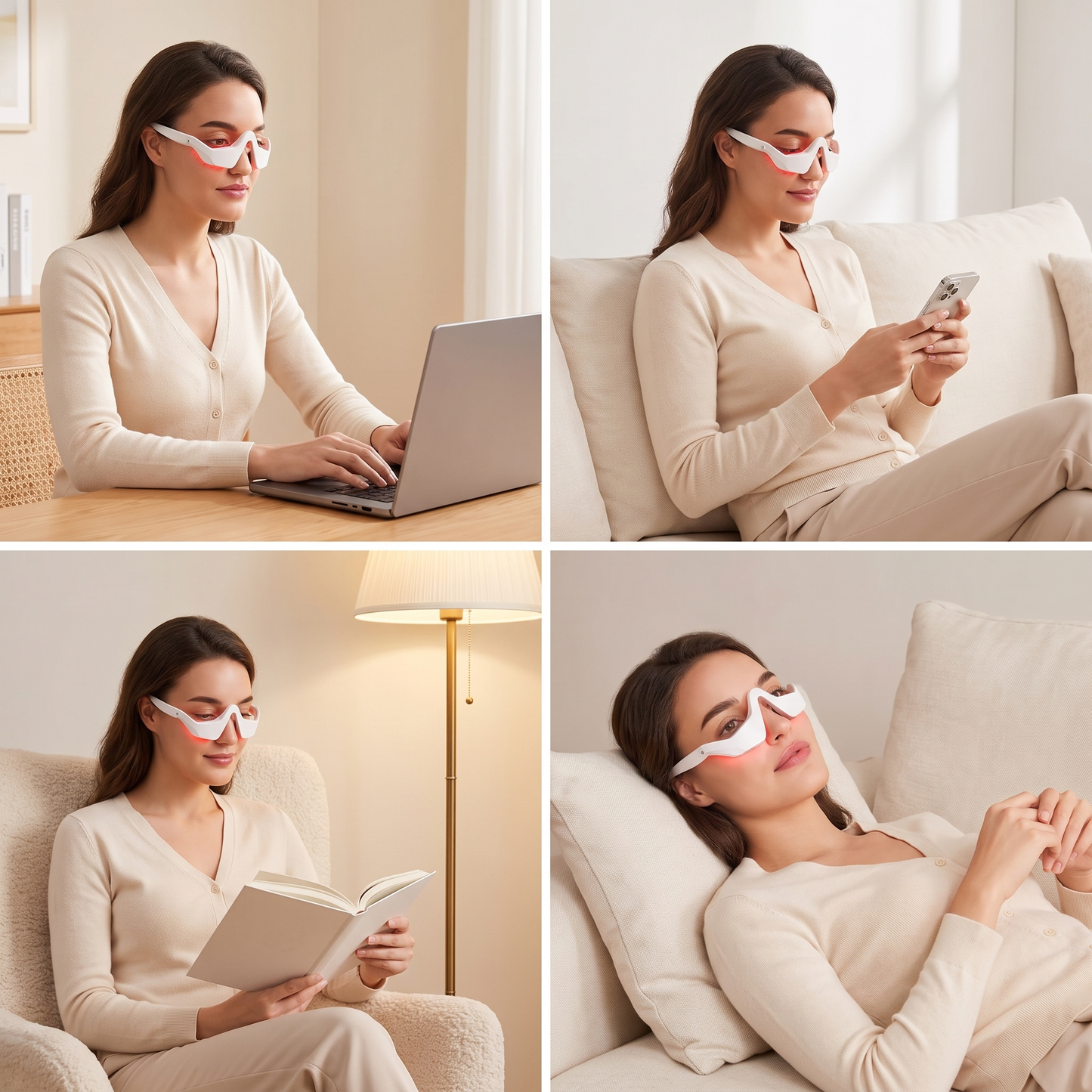 Cuatro momentos de uso: trabajando, con el movil, leyendo y descansando