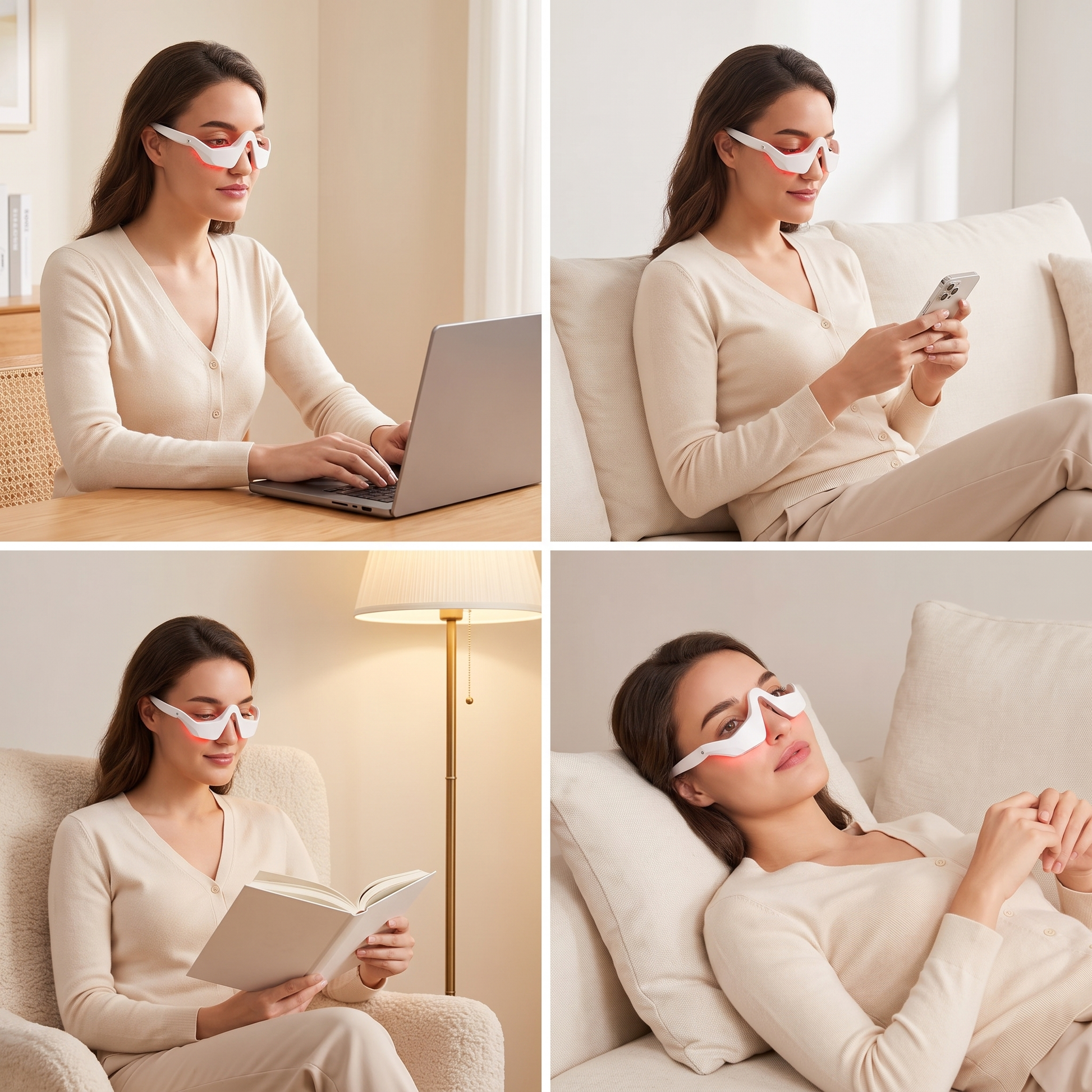 Cuatro momentos de uso: trabajando, con el movil, leyendo y descansando