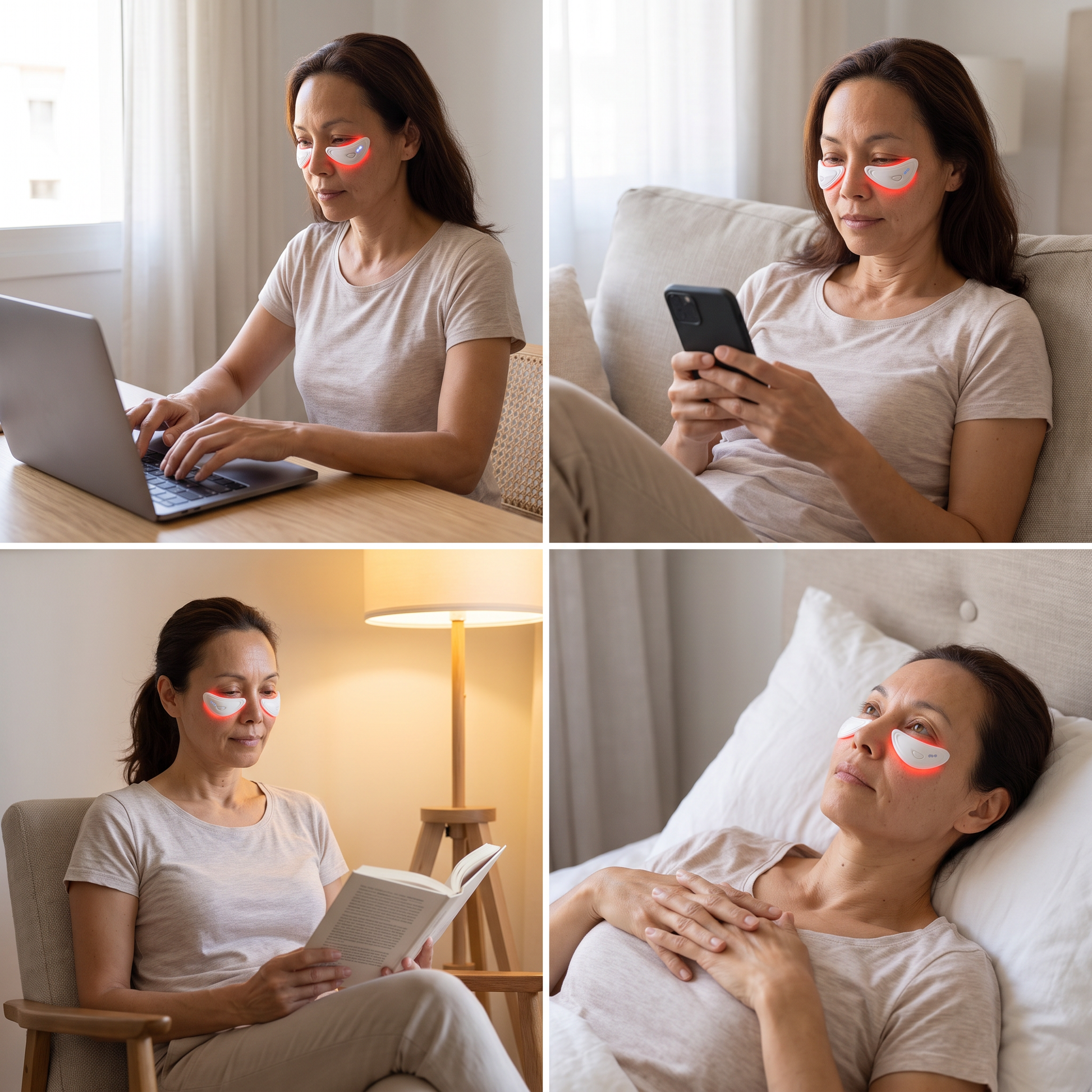 Cuatro momentos de uso: trabajando, con el movil, leyendo y descansando