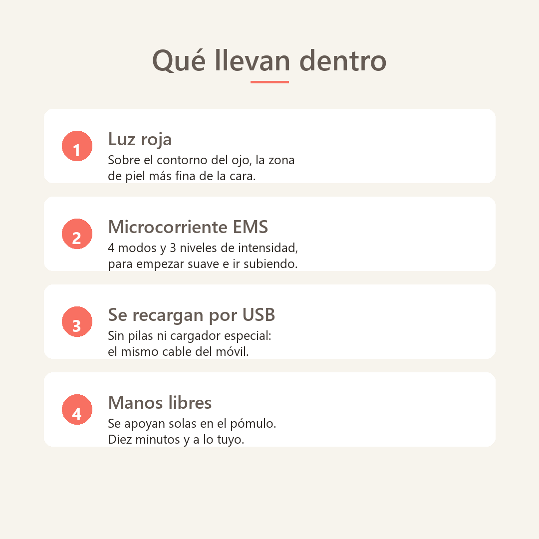 Caracteristicas: luz roja, microcorriente EMS, carga USB y manos libres