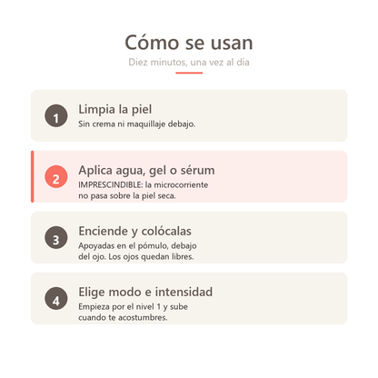 Los cuatro pasos de uso: limpiar, aplicar gel, encender y elegir modo