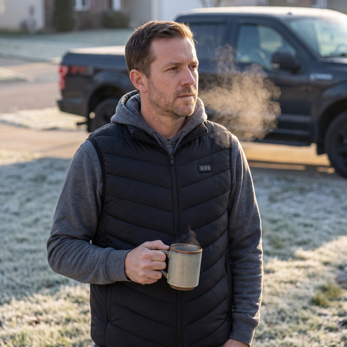Man wearing the Northwarm heated vest on a frosty morning