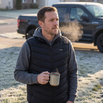 Man wearing the Northwarm heated vest on a frosty morning