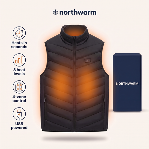 Northwarm heated vest: heats in seconds, 3 heat levels, 4-zone control, USB powered