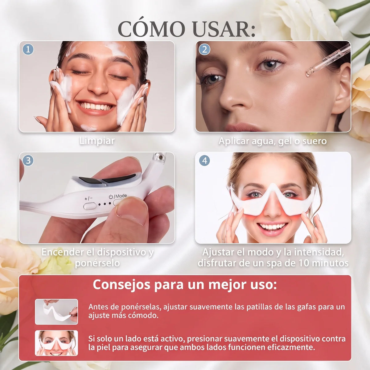 Gafas de luz roja para bolsas en los ojos y ojeras