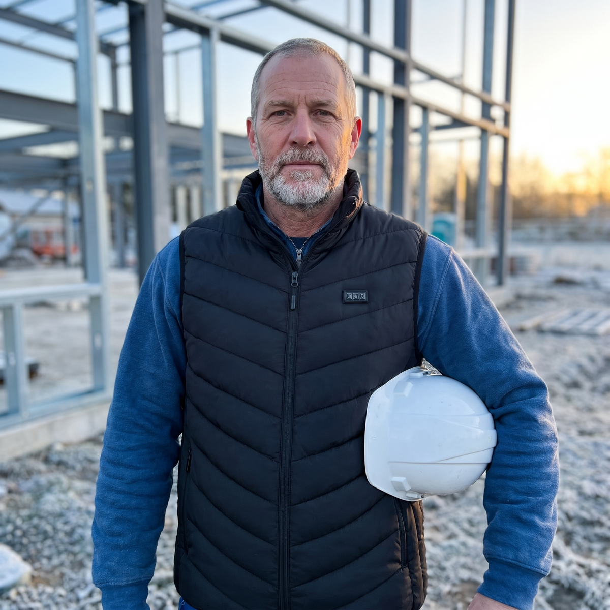 Man wearing the Northwarm heated vest on a frosty morning